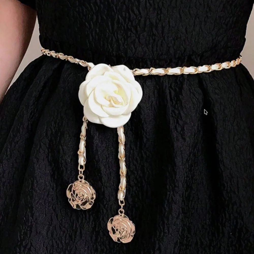 Classic Vegan Leather Gold Tone Chain Flower Belt